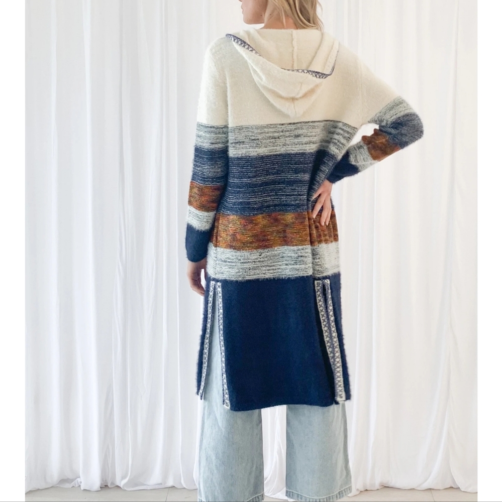 NWOT  longline Cardigan stripe knit  white brown size 6/8 . w" hoodie wool blend - Picture 3 of 9